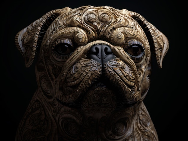 Close up portrait of a pug with oriental ornament woodcarving elements background