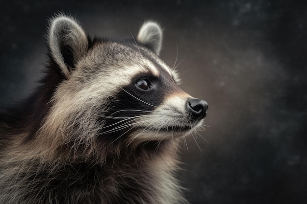 An close up portrait of a raccoon