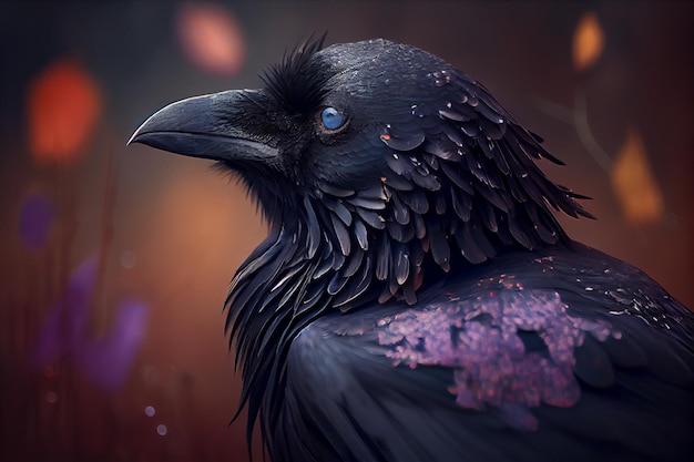 A close up portrait of a raven, blur background, cinematic lightning