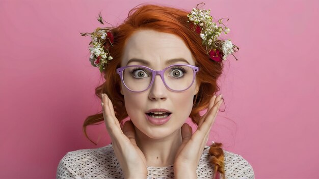 Close up portrait of red haired woman with wild flowers in her hair looking surprised into camera