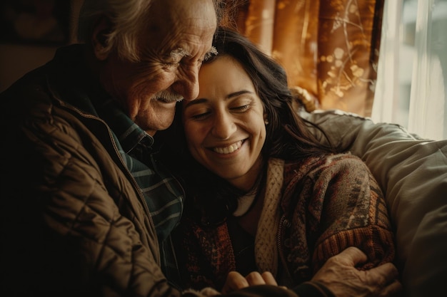 Close up portrait of senior man and daughter embracing