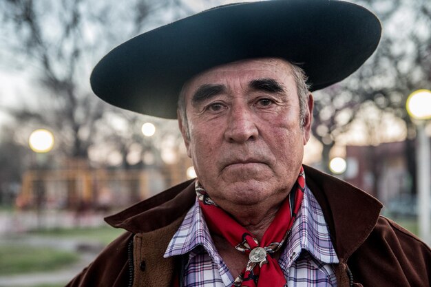 Foto ritratto da vicino di un uomo anziano che indossa un cappello