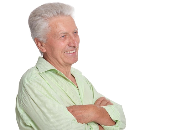 Close up portrait of senior man on white background