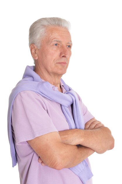 Close up portrait of senior man on white background