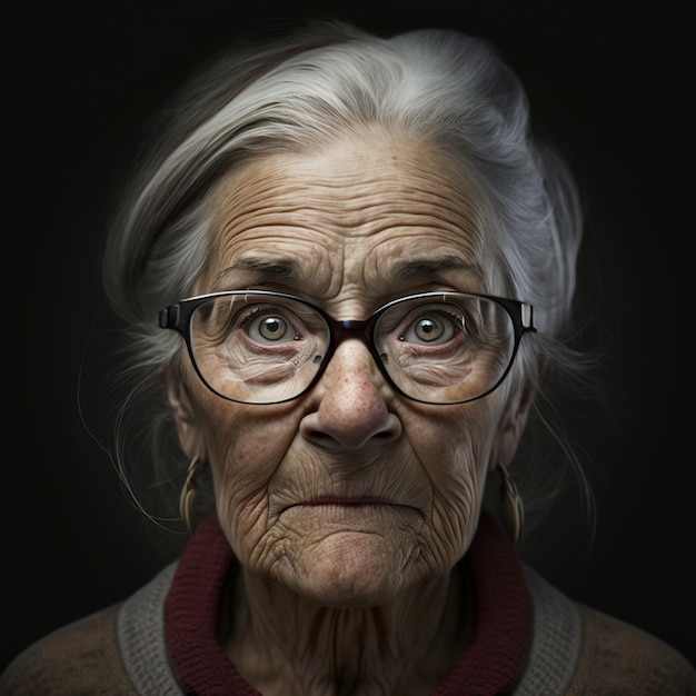 Close up portrait senior old woman posing isolated looking camera contemplating