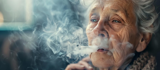 Close up portrait of senior smoking woman Copy space