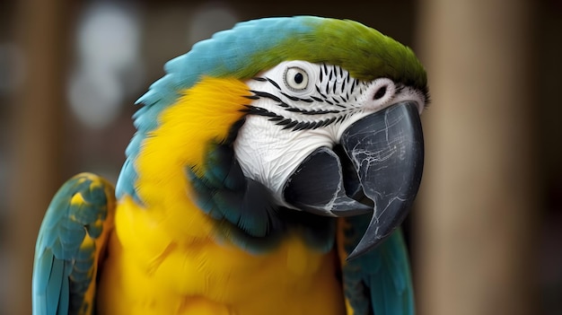 Close up portrait shot of beautiful blue yellow Macaw parrot bird head