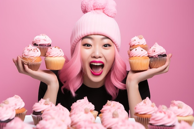 Close up portrait of smiling korean woman shows tasty cupcakes