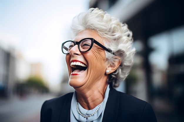 Close up portrait smiling senior woman wearing eyeglasses standing isolated over blurry background