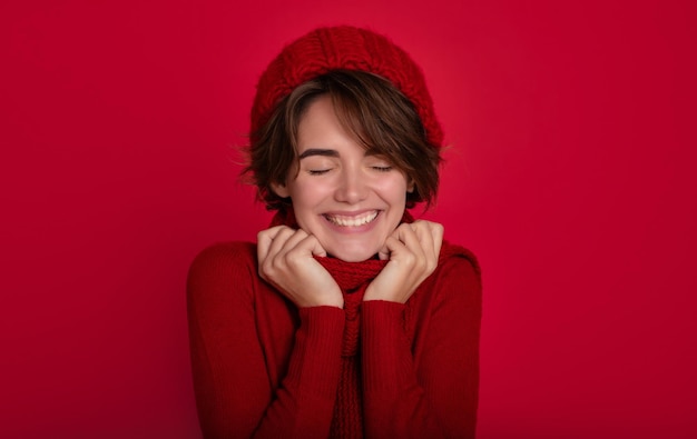Close up portrait of smiling woman in casual red sweater and winter hat and scarf in good mood isolated on bright red background advertising female studio portrait christmas time