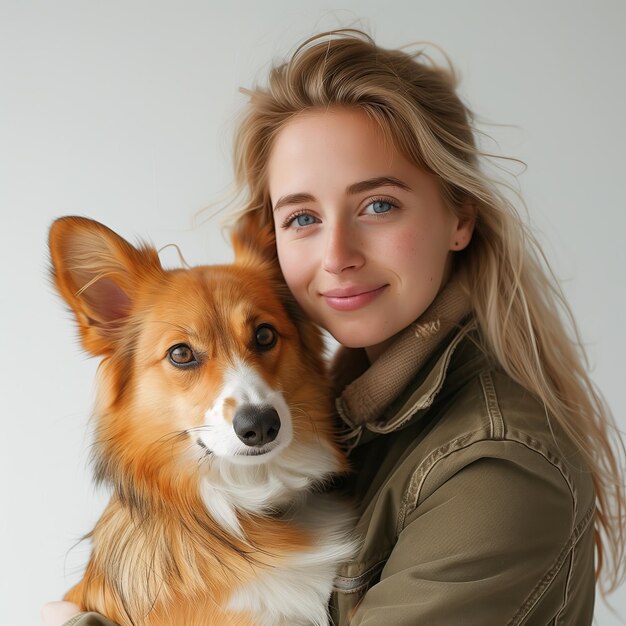 Foto ritratto da vicino di una donna sorridente che tiene in braccio un cane carino