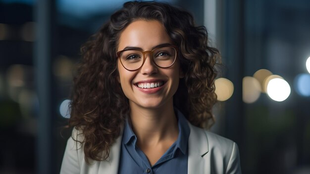Крупный план портрета улыбающейся молодой деловой женщины в костюме, стоящей на фоне офиса. Создано с помощью технологии генеративного искусственного интеллекта.