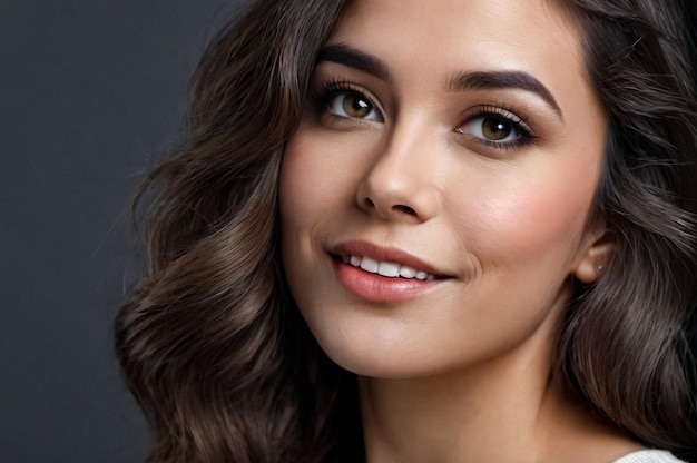 Photo close up portrait smiling young woman posing at dark gray background looking emotional face of lovel