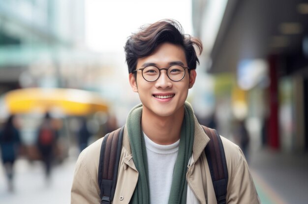 close up portrait standing in the street and happy