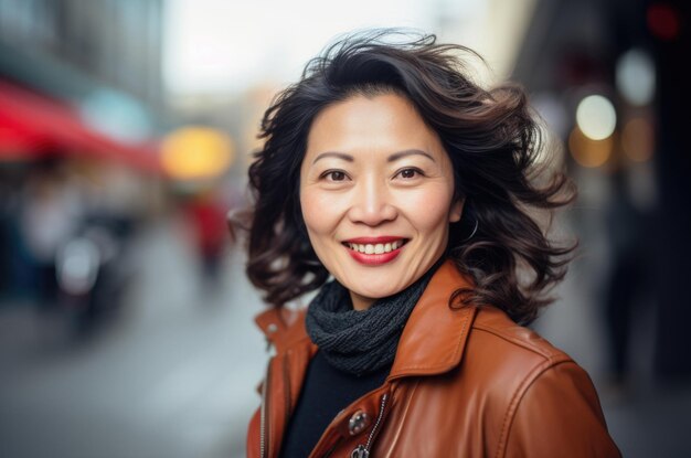 close up portrait standing in the street and happy