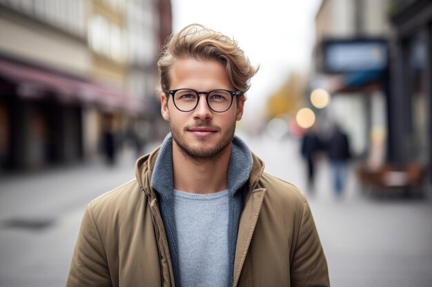 close up portrait standing in the street and happy