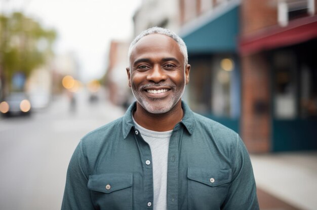 close up portrait standing in the street and happy