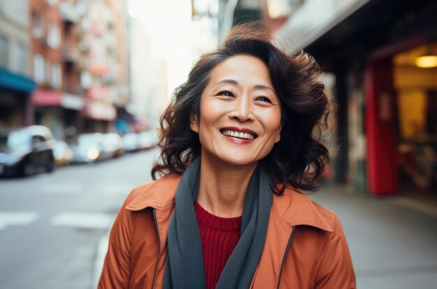 close up portrait standing in the street and happy