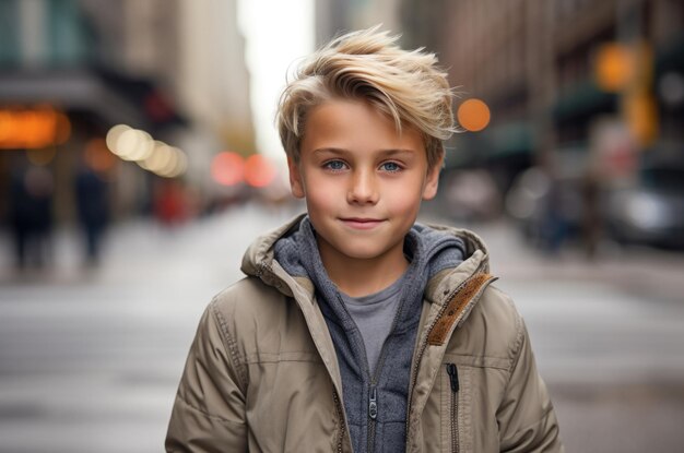 close up portrait standing in the street and happy