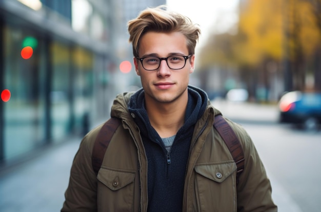 Photo close up portrait standing in the street and happy