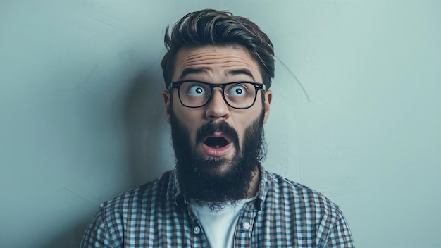 Close up portrait of stunned bearded young guy drops jaw has bugged dark eyes sees something unbe
