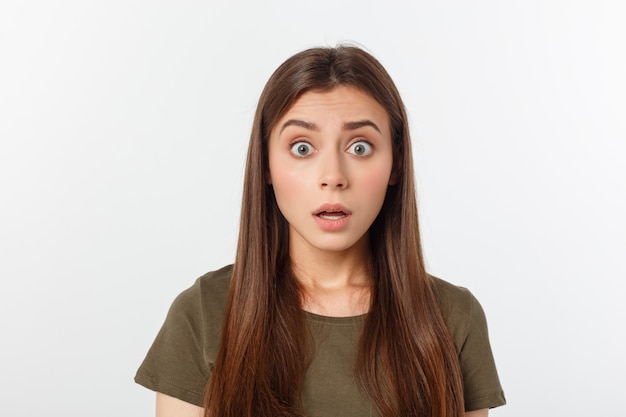 Close-up portrait of surprised beautiful woman holding her head in amazement and open-mouthed.