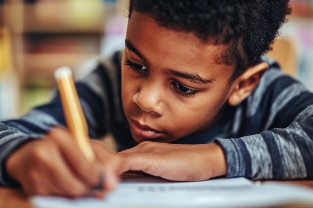 Close up portrait tired young little boy african american ethnic kid child studying hard lying on