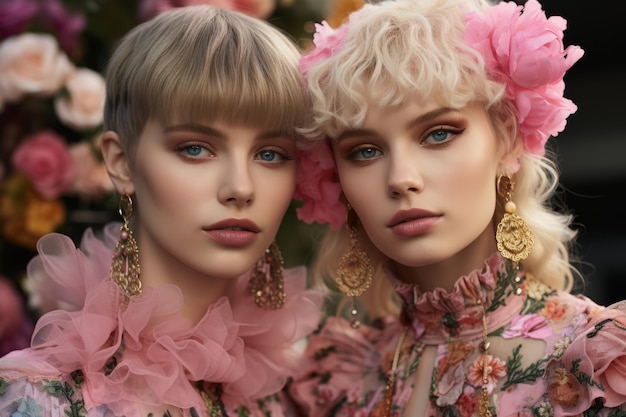 Close up portrait of two beautiful young caucasian women in glamorous dresses and jewelry blonde