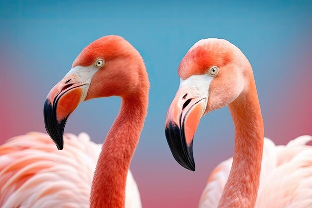 Close up portrait of two flamingo bird on pastel colored background Generative AI