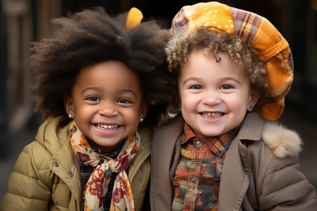 AIで生成された2人の小さなアフリカ系アメリカ人の女の子が屋外で微笑んでいるクローズアップの肖像画
