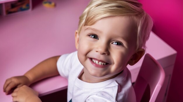 Фото Близкий портрет улыбающегося мальчика блондинки в белой футболке на розовом столе