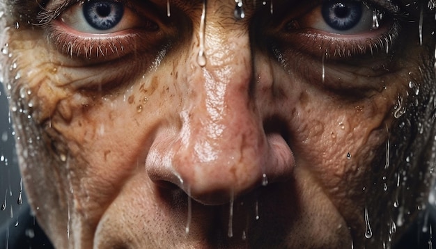 Photo close up portrait of a wet senior woman looking at camera generated by artificial intelligence