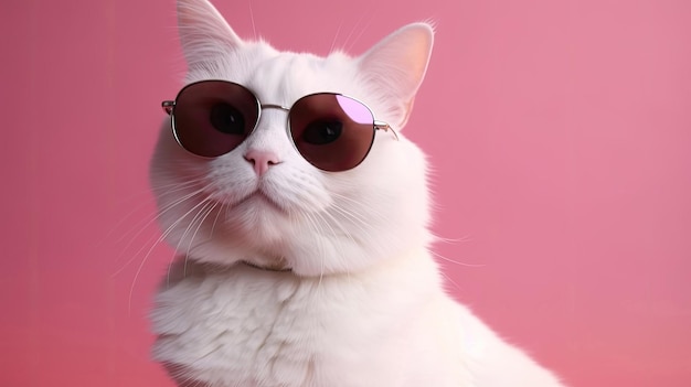Generative AI Tech를 사용하여 패션 선글라스를 쓴 흰 털 고양이의 초상화를 닫습니다.