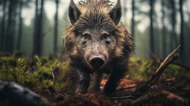 Close up portrait of a wild boar in a clearing in the forest