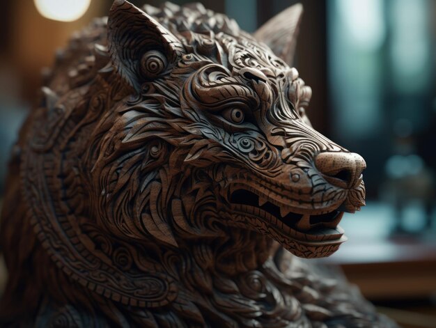 東洋の飾り木彫り要素の背景を持つオオカミの肖像画を間近します。