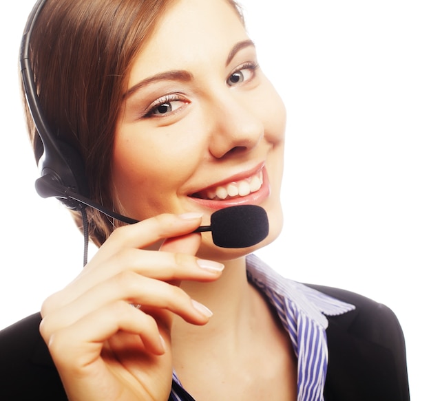 Close up portrait of woman customer service worker