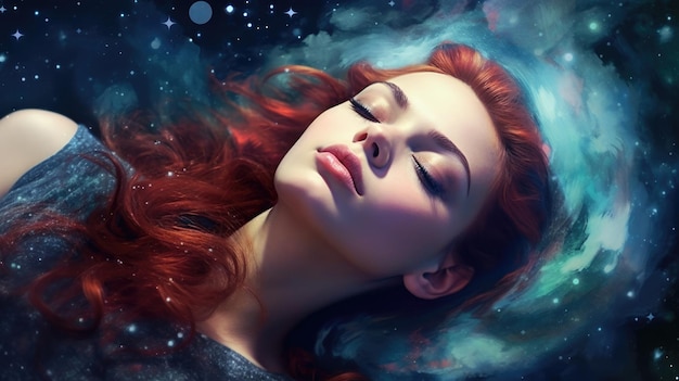 Портрет женщины вблизи, спящей, плавающей в космическом пространстве с звездной туманностью галактики