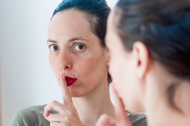 赤いリップスティックをかぶった女性のクローズアップ肖像画指を唇にして鏡に映っている