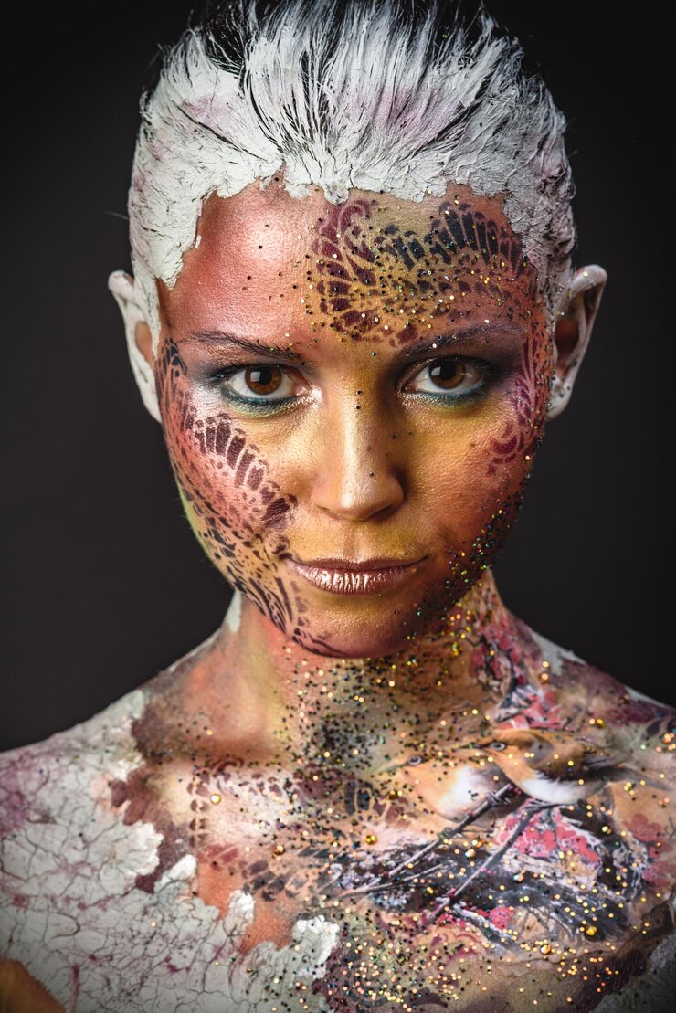 Photo close-up portrait of woman with body paint against black background