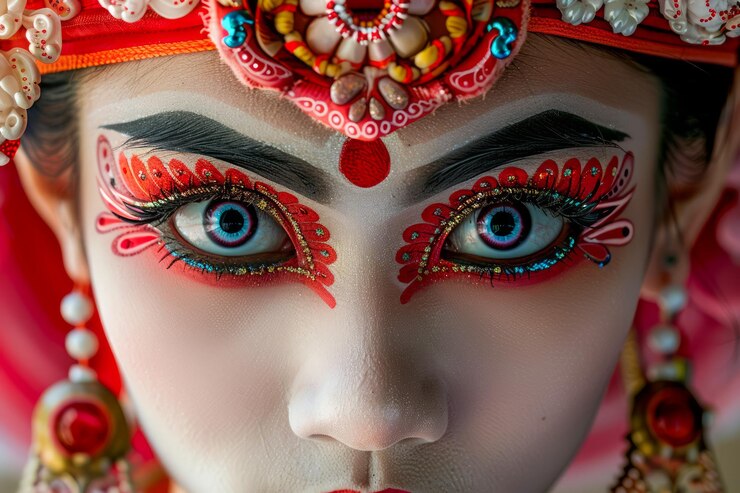 फोटो close up portrait of a woman with traditional south asian bridal makeup and jewelry