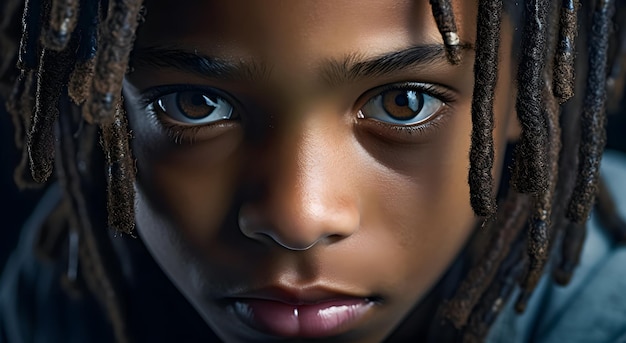 카메라를 바라보는 향취를 가진 젊은 아프리카계 미국인의 초상화를 클로즈업하세요 흑인 역사의 달