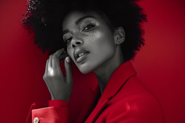 Photo close up portrait of a young african american woman wearing a red jacket on a red studio background