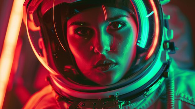 Photo close up portrait of young astronaut working on space mission under red and green colorful neon light