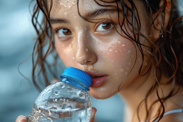 Foto ritratto ravvicinato di una giovane donna bella che beve acqua