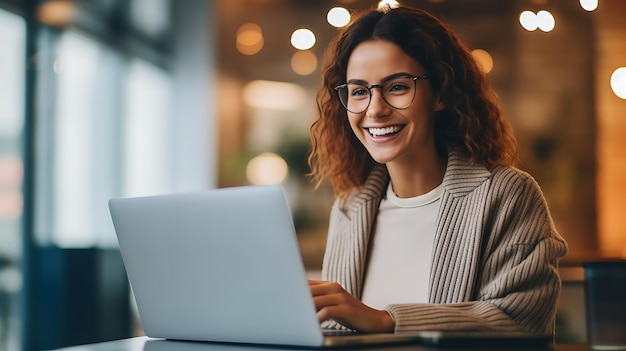 Close up portrait of young beautiful woman smiling while working with laptop in officeCreated with Generative AI technology