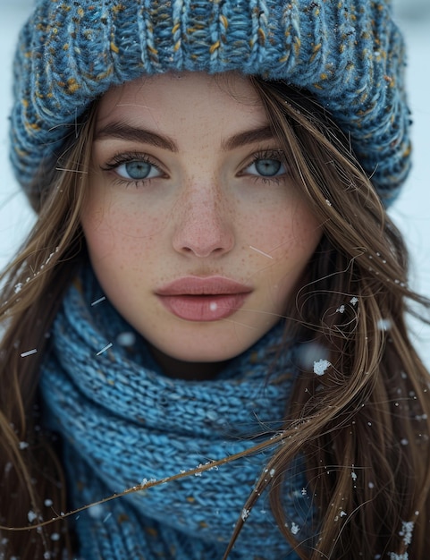 Foto ritratto di una giovane donna bellissima con un cappello caldo e una sciarpa blu