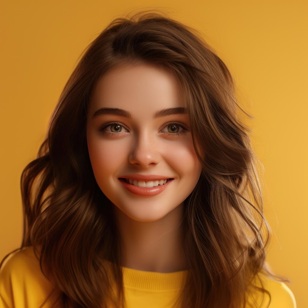 Close Up Portrait of young brown haired cute girl on yellow background