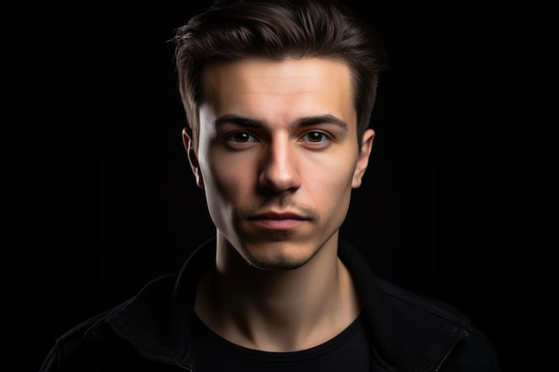 Close up portrait of young brunette man head and shoulders wearing basic black shirt with expressive