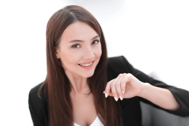 Close up portrait of young business woman in modern office