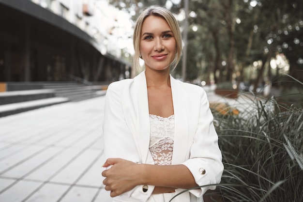 Close up portrait of young businesswoman going to office